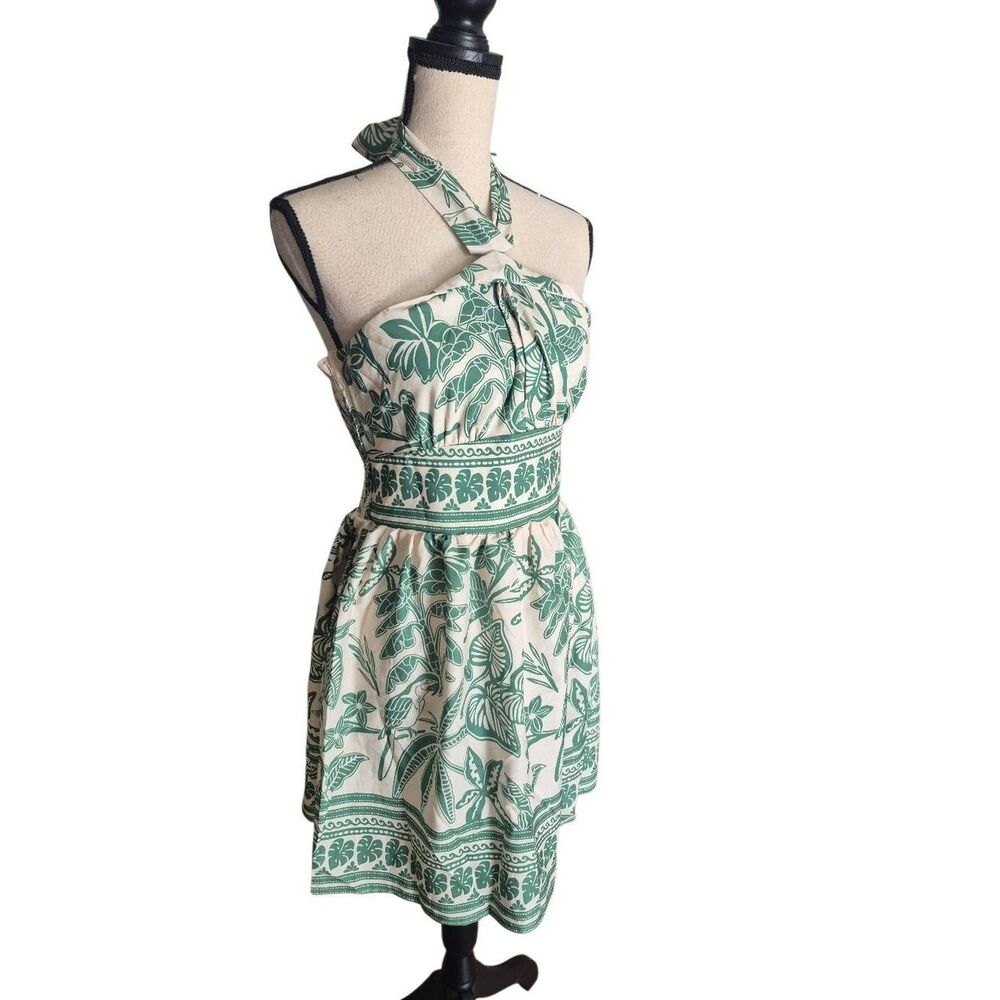Green Tropical Batik Tie Neck Halter Summer Dress Sz L
